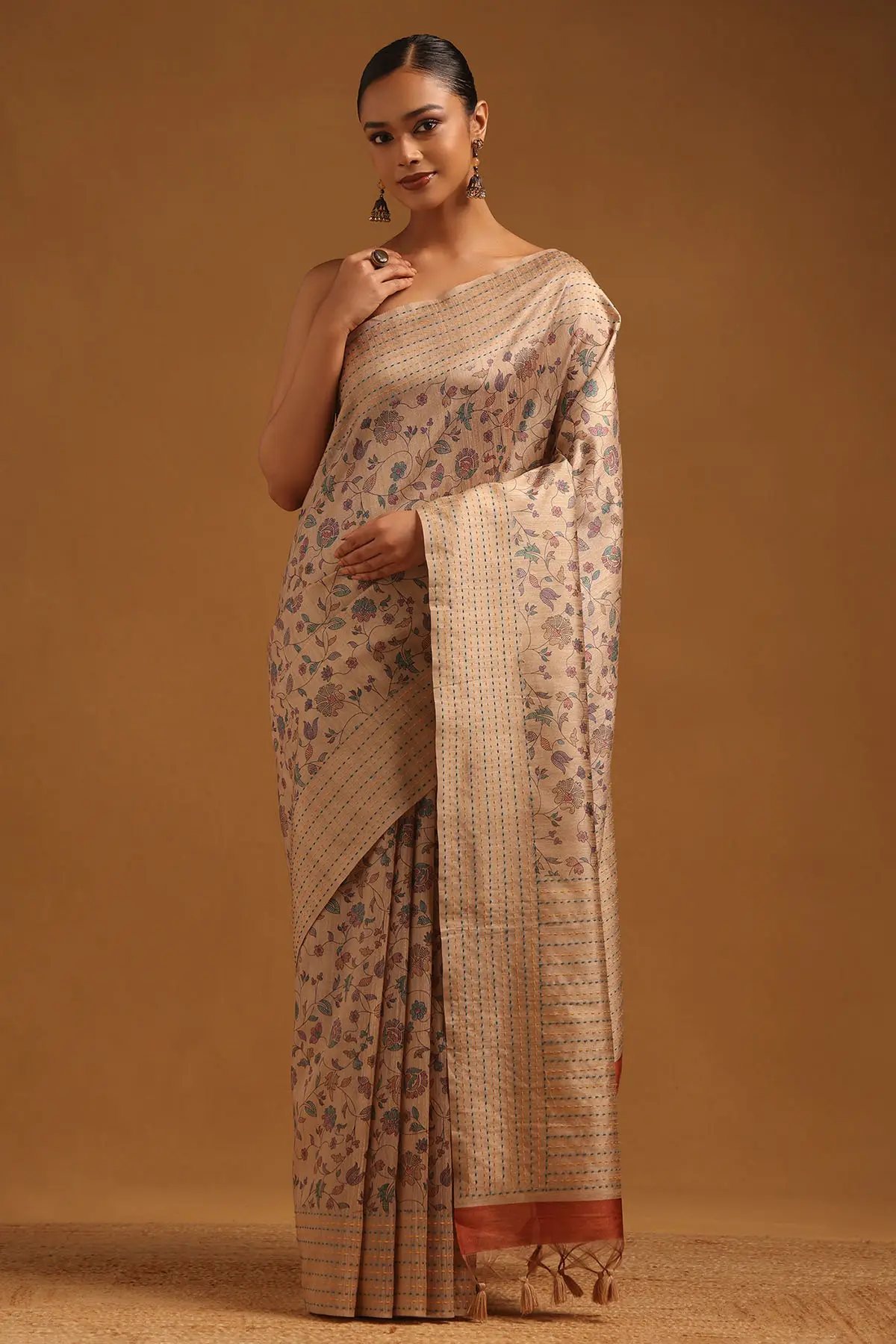 Rust Tussar Floral Saree With Kantha Embroidery